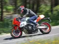 Un motociclista sfreccia su una Yamaha XSR900 GP, con il paesaggio sfocato dallo sfondo verde e giallo.
