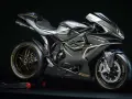 MV Agusta F4 Claudio, una moto sportiva nera e grigia con dettagli dorati, su un cavalletto.