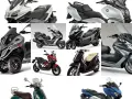 Varietà di scooter per viaggiare, dai modelli a tre ruote ai classici scooter, in diverse colorazioni e design.