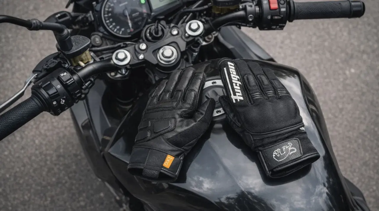 Guanti da moto neri posati sul serbatoio di una moto. Non esistono guanti ad uso motociclistico di tipo omologato, ma questi sembrano pronti per ogni avventura.