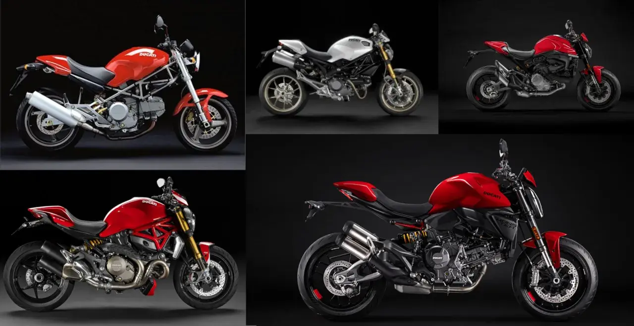 Cinque Ducati Monster rosse e una bianca, icone di stile e prestazioni, pronte a ruggire.