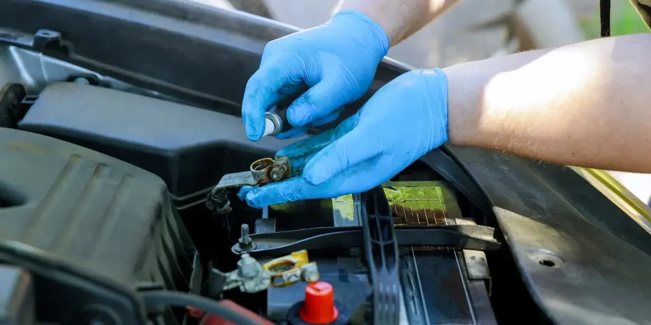 Mani con guanti blu puliscono i contatti arrugginiti della batteria rosso e nero dell'auto.