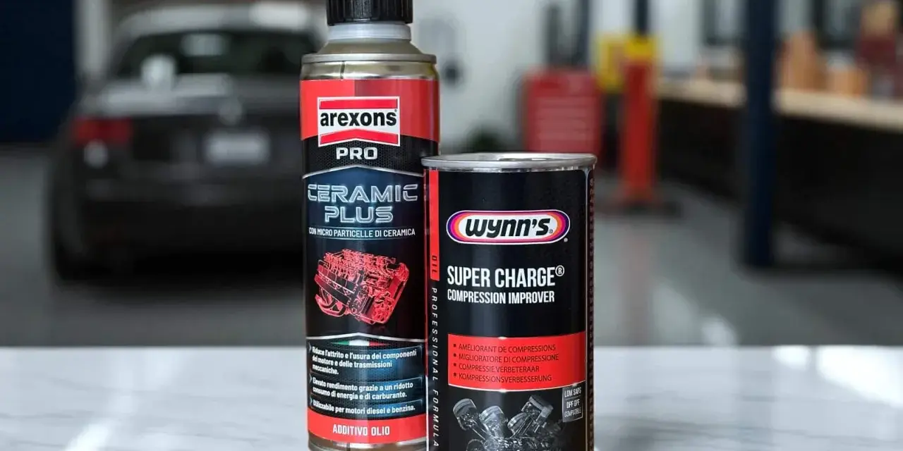 Additivi olio motore funzionano: flacone Arexons Ceramic Plus e lattina Wynn's Super Charge, per migliorare prestazioni e ridurre usura.