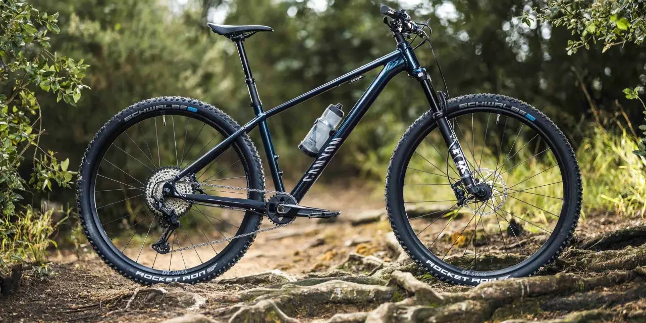 Muscle bike Canyon blu scuro su sentiero sterrato con radici affioranti.