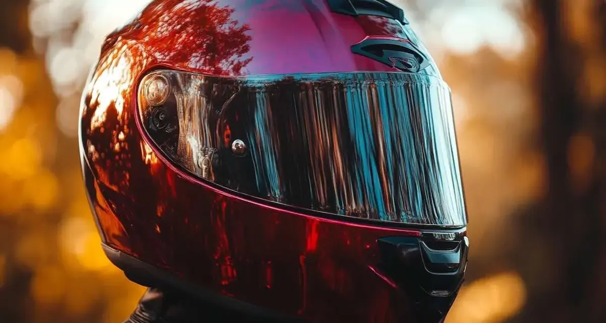 Casco da moto rosso lucido, riflessi di alberi e cielo. Non è un luogo dove si buttano i caschi da moto, ma un simbolo di avventura.