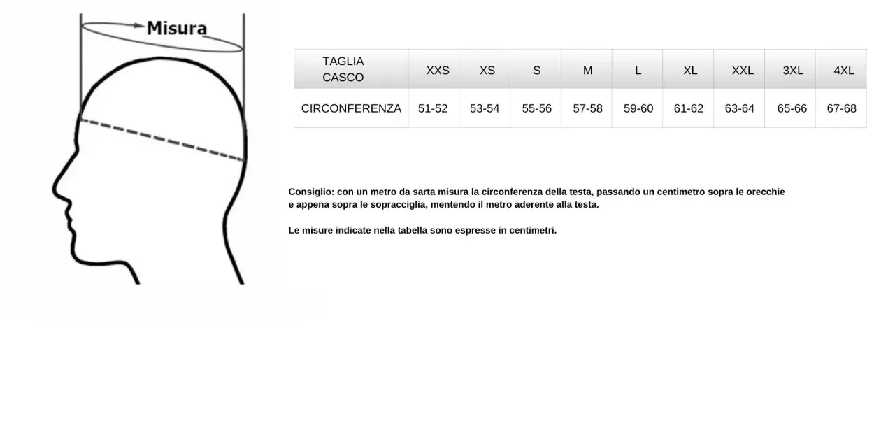 Tabella con misure casco moto e schema per la misurazione della circonferenza della testa.