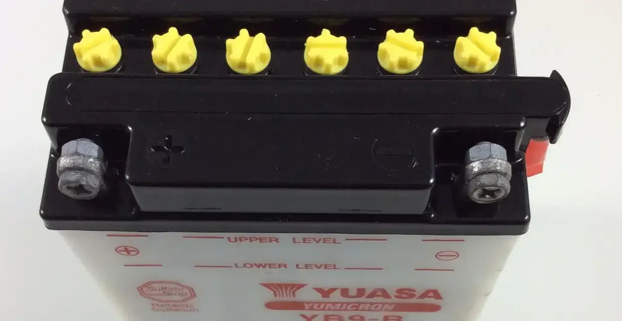 Batteria Yuasa YB9-B. Lasciarla sempre in carica si rovina, attenzione alla solfatazione.