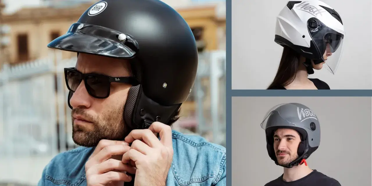 Uomo con casco jet nero e donna con casco demi jet bianco e grigio. Confronto visivo per capire la differenza tra casco jet e demi jet.