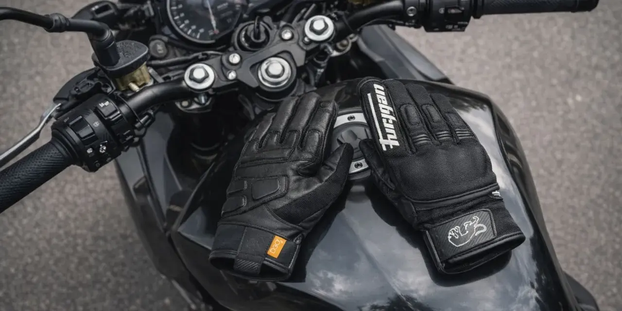 Guanti da moto neri posati sul serbatoio di una moto. Non esistono guanti ad uso motociclistico di tipo omologato, ma questi sembrano pronti per ogni avventura.