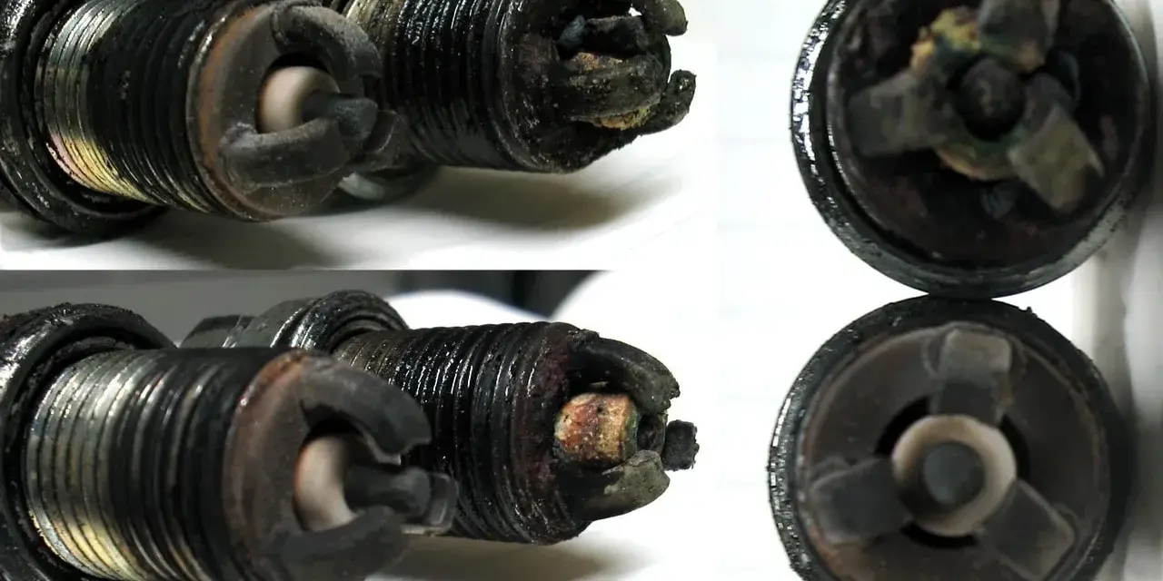 Candele auto sporche e usurate, con depositi carboniosi evidenti. Questi sono chiari sintomi candele da cambiare per un motore efficiente.