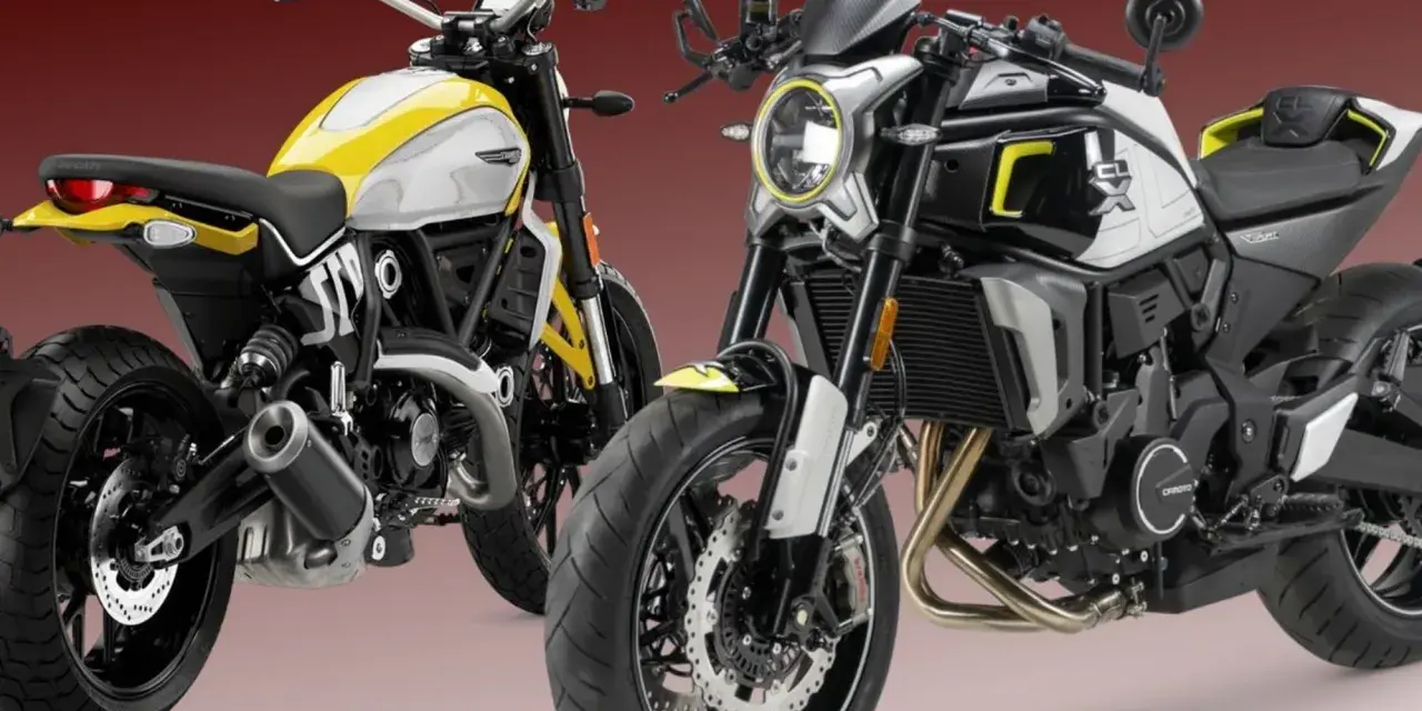Due moto modern classic, una gialla e bianca, l'altra nera e bianca, con dettagli sportivi e un look retrò.