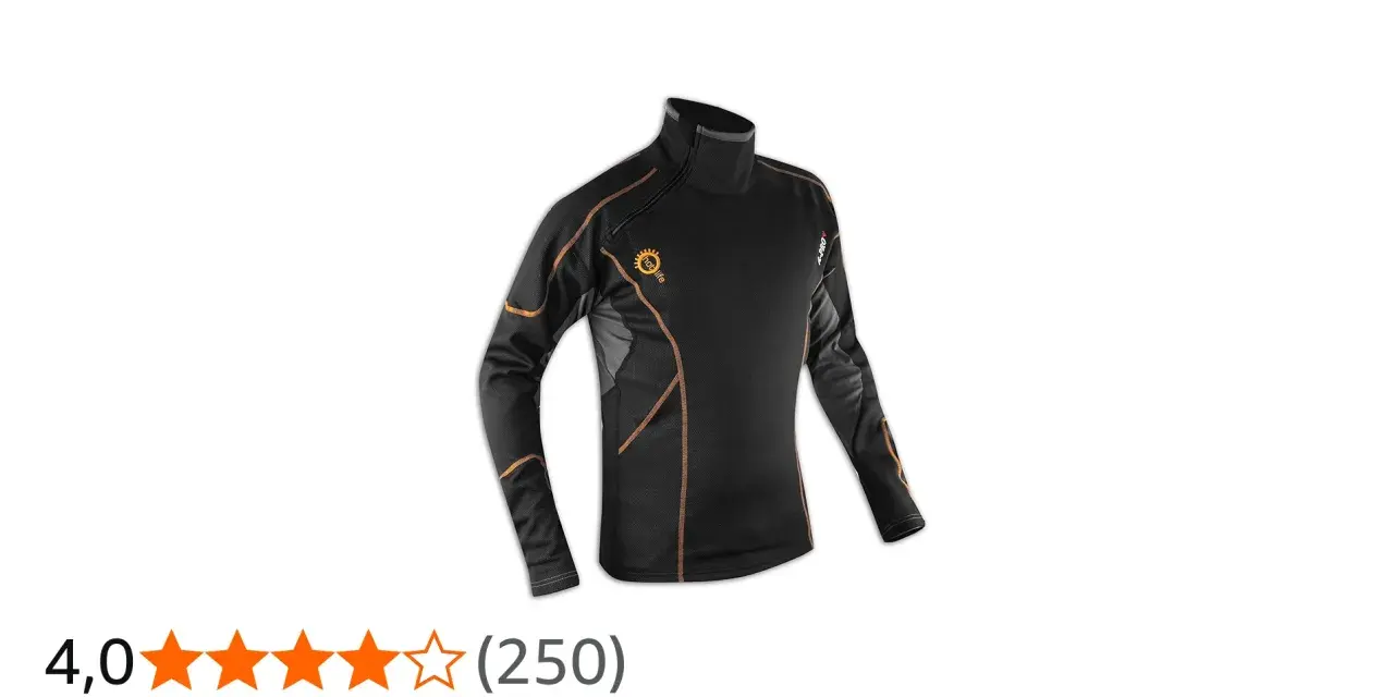 Maglia termica nera con cuciture arancioni. Scopri come funziona per mantenerti al caldo.