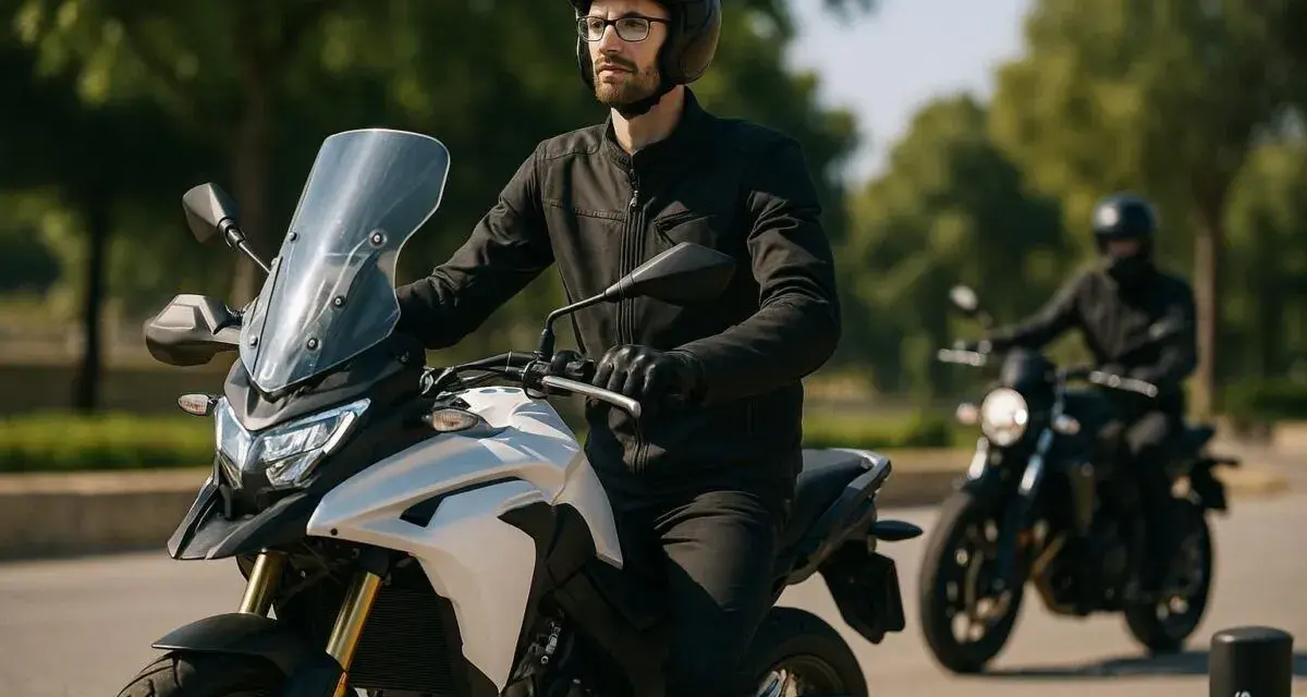 Uomo alto 1.90 in sella a una moto da turismo bianca, con un altro motociclista sullo sfondo.