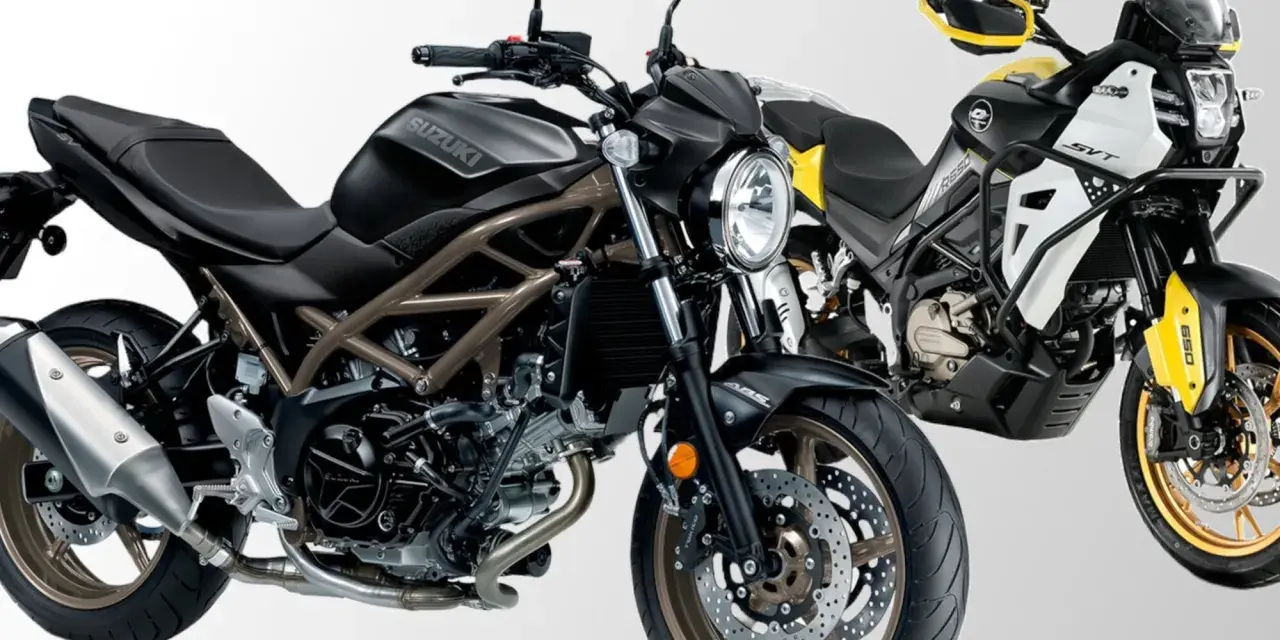 Due moto bicilindriche affiancate: una Suzuki SV nera e una moto da avventura gialla e bianca.