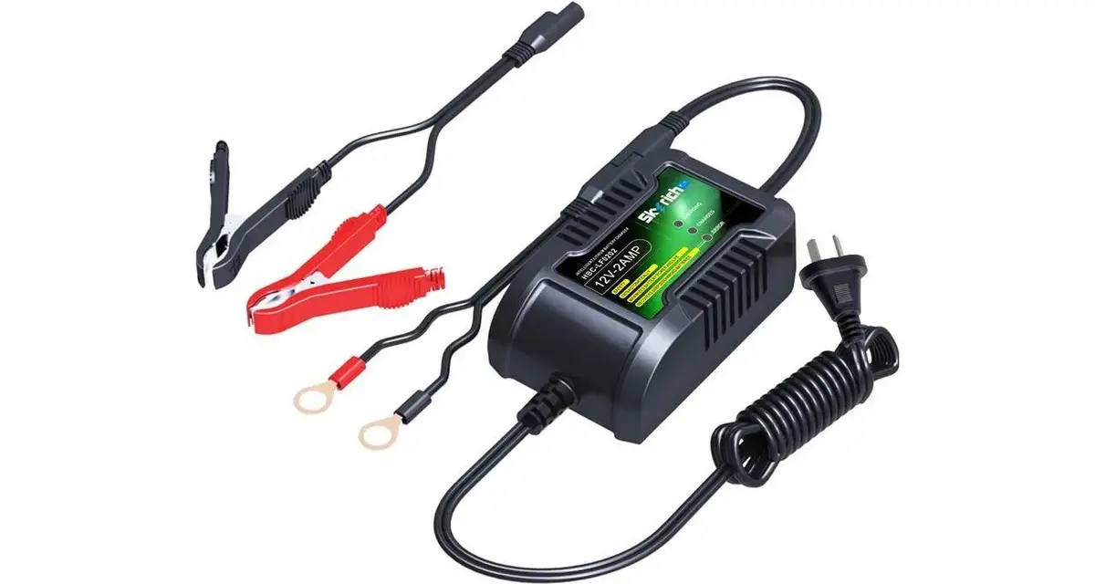Caricabatterie 12V-2AMP con pinze rosse e nere, cavo a spirale e spina. Il caricabatterie si stacca facilmente.