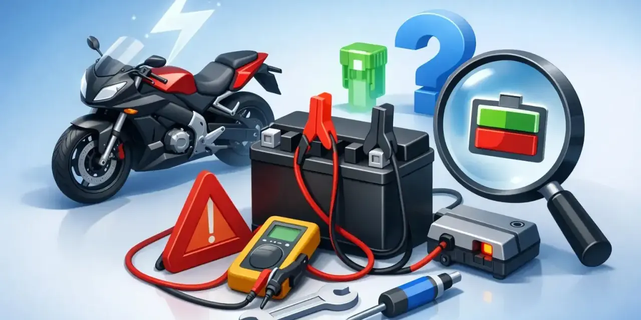 Moto non parte? Batteria scarica, fusibile bruciato, o problema elettrico? Strumenti e un punto interrogativo per capire cosa non va.
