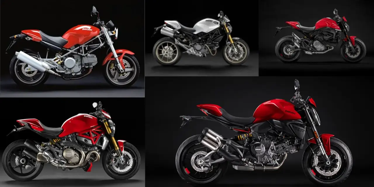 Cinque Ducati Monster rosse e una bianca, icone di stile e prestazioni, pronte a ruggire.