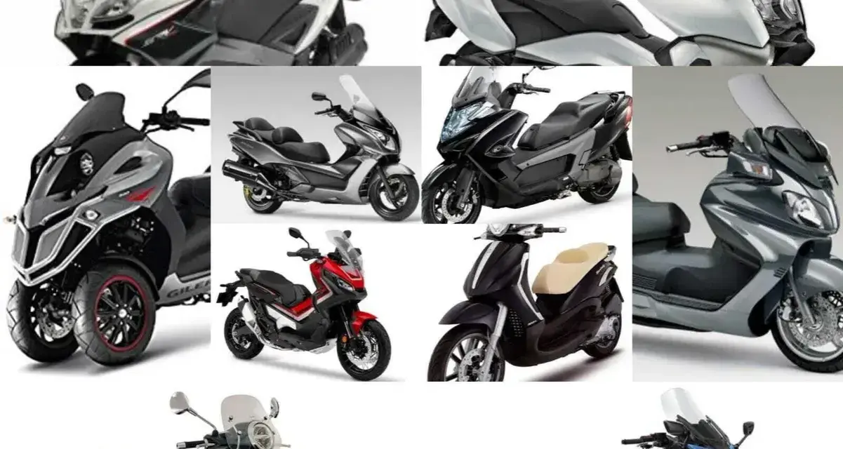 Varietà di scooter per viaggiare, dai modelli a tre ruote ai classici scooter, in diverse colorazioni e design.