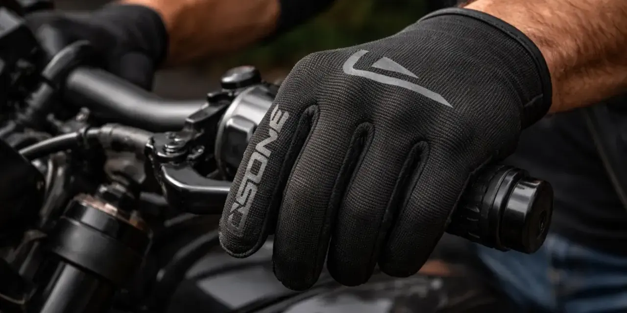 Mano con guanto da moto nero, logo "ONE" in evidenza. Scopri come lavare guanti moto per mantenerli al meglio.