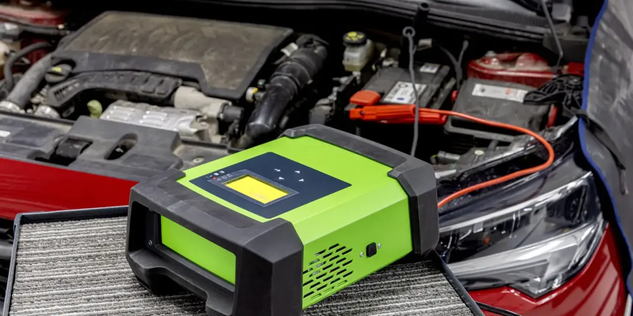 Carrozzeria auto con cofano aperto, batteria e caricabatterie verde. Se la tua batteria a terra cosa fare, questo dispositivo potrebbe aiutarti.