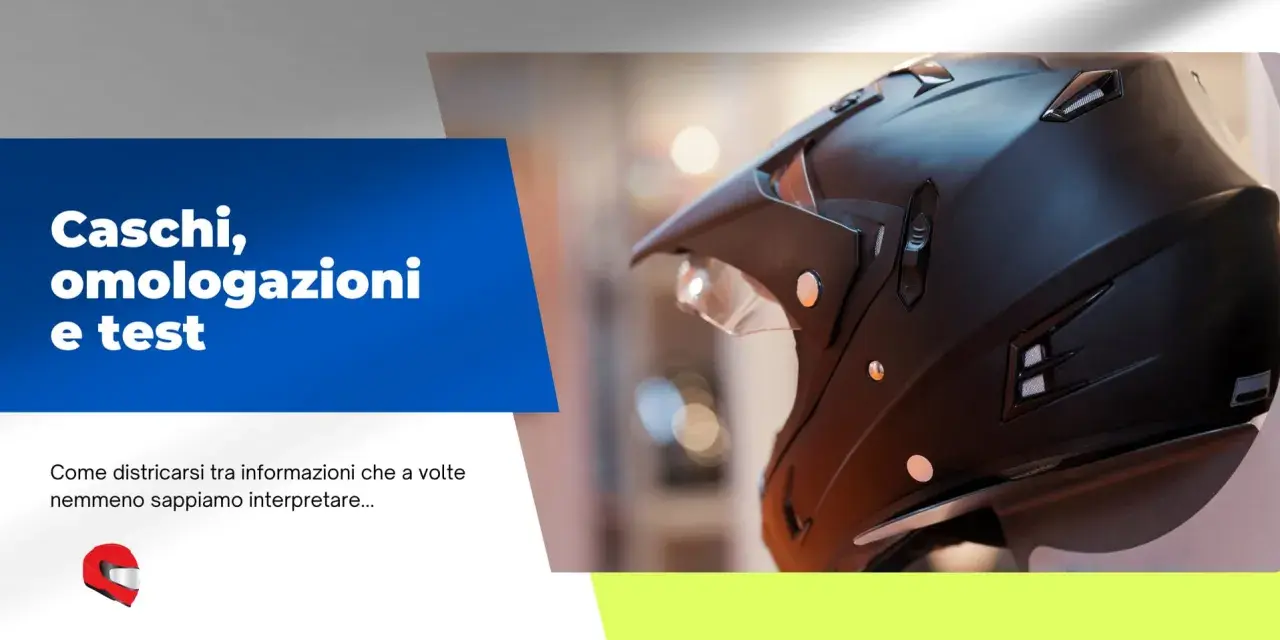Casco da moto nero, con testo "Caschi, omologazioni e test". Guida ai test di sicurezza per caschi moto.