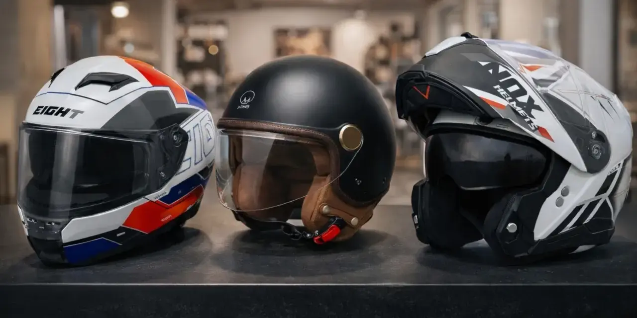 Tre caschi moto: uno sportivo bianco/rosso/blu, uno jet nero vintage e uno modulare bianco/nero. Tutti con omologazione casco E3.