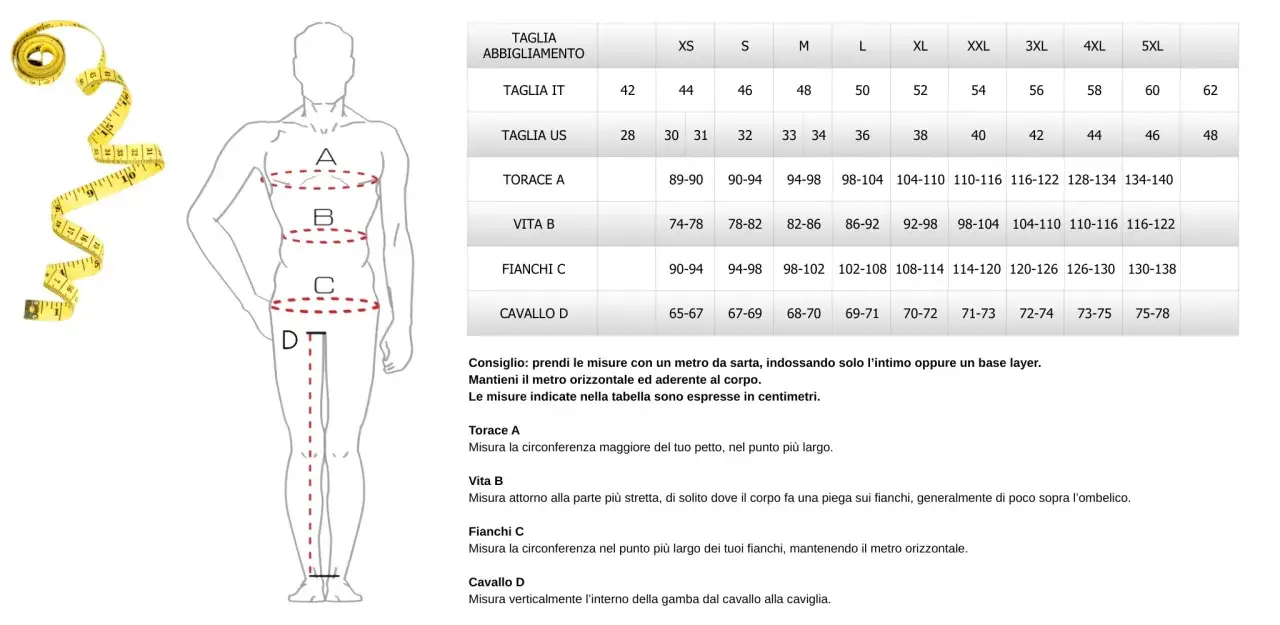 Tabella misure uomo: torace, vita, fianchi e cavallo per scegliere la taglia giusta. Le dimensioni moto sono indicate in centimetri.