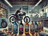 Officina con moto, attrezzi e una fila di oli motore, tra cui olio sintetico, per scegliere il lubrificante perfetto.