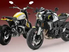 Due moto modern classic, una gialla e bianca, l'altra nera e bianca, con dettagli sportivi e un look retrò.