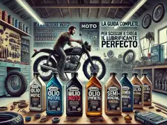 Officina con moto, attrezzi e una fila di oli motore, tra cui olio sintetico, per scegliere il lubrificante perfetto.