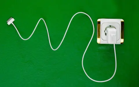 Cavo bianco collegato a una presa elettrica dorata. Si può lasciare il caricabatterie attaccato per avere sempre energia.