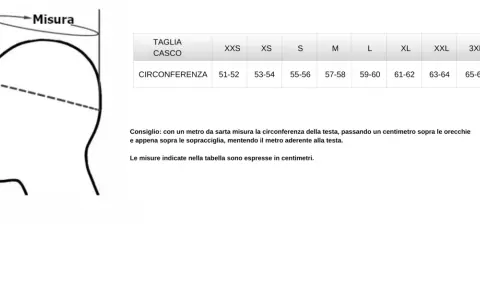 Tabella con misure casco moto e schema per la misurazione della circonferenza della testa.