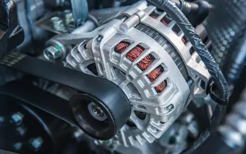 Il componente metallico argentato con fili di rame visibili è un alternatore, essenziale per generare elettricità nel motore.