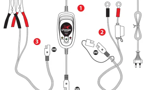 Caricabatteria moto 12v con pinze, cavo SAE e spina. Indicazioni per il tempo di ricarica batteria moto 12v.