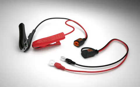 Cavi per caricare batteria AGM con caricabatterie normale: pinze rosse e nere, connettori rapidi e occhielli.