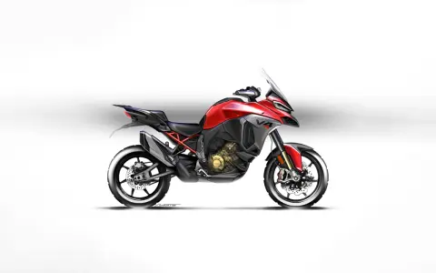 Red Ducati Multistrada V4 motorcycle with a white background.