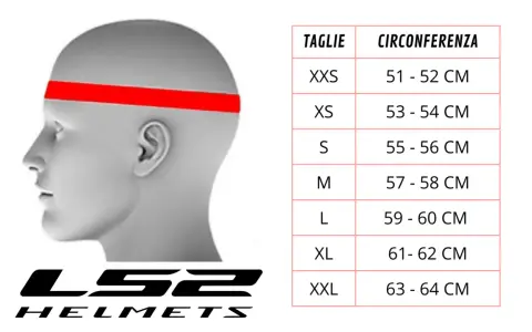 Tabella misure casco LS2: circonferenza testa da 51 a 64 cm, dalle taglie XXS a XXL.