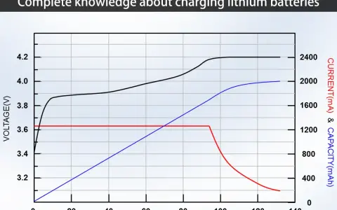 Grafico mostra tensione, corrente e capacità durante la carica di una batteria al litio. Indica a che percentuale caricare la batteria per ottimizzare le prestazioni.