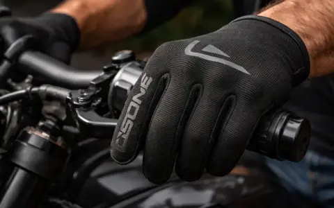 Mano con guanto da moto nero, logo "ONE" in evidenza. Scopri come lavare guanti moto per mantenerli al meglio.