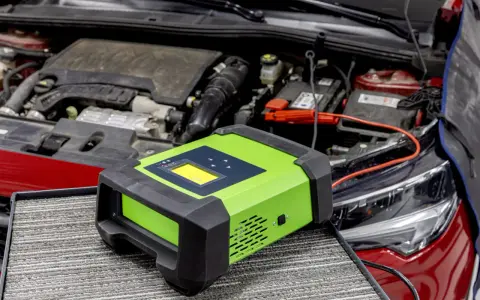 Carrozzeria auto con cofano aperto, batteria e caricabatterie verde. Se la tua batteria a terra cosa fare, questo dispositivo potrebbe aiutarti.