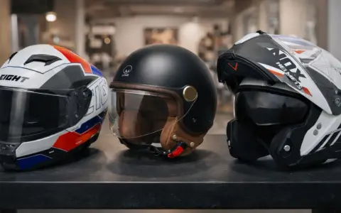 Tre caschi moto: uno sportivo bianco/rosso/blu, uno jet nero vintage e uno modulare bianco/nero. Tutti con omologazione casco E3.