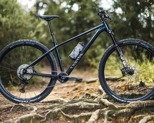 Muscle bike Canyon blu scuro su sentiero sterrato con radici affioranti.