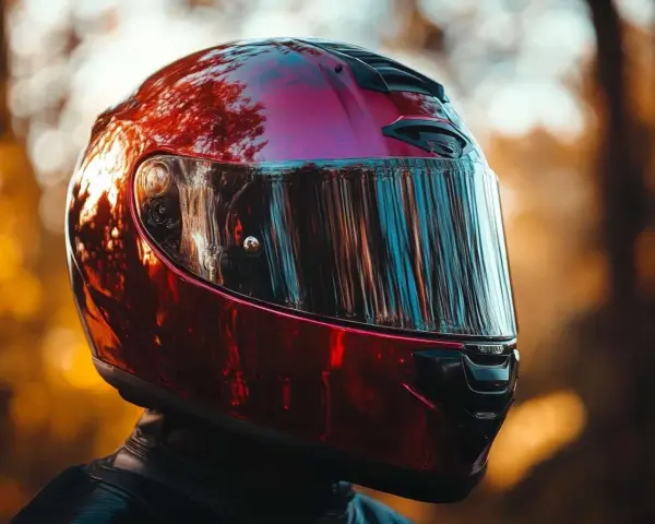 Casco da moto rosso lucido, riflessi di alberi e cielo. Non è un luogo dove si buttano i caschi da moto, ma un simbolo di avventura.
