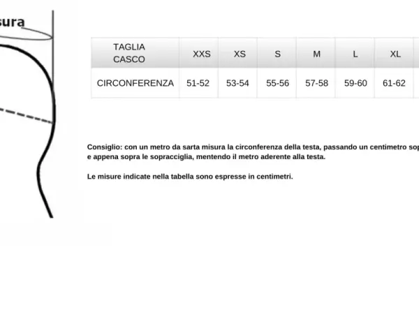 Tabella con misure casco moto e schema per la misurazione della circonferenza della testa.