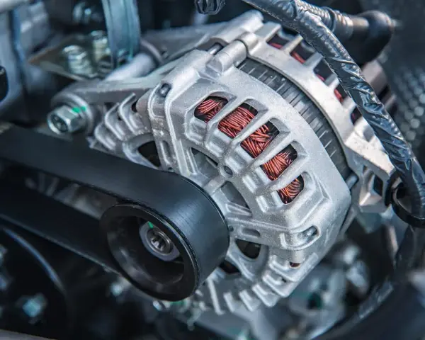 Il componente metallico argentato con fili di rame visibili è un alternatore, essenziale per generare elettricità nel motore.