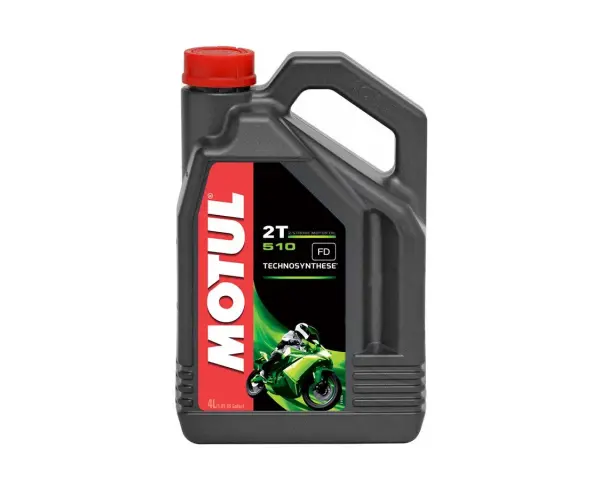 Contenitore di olio semisintetico Motul 2T 510 Technosynthese, con immagine di una moto sportiva verde.