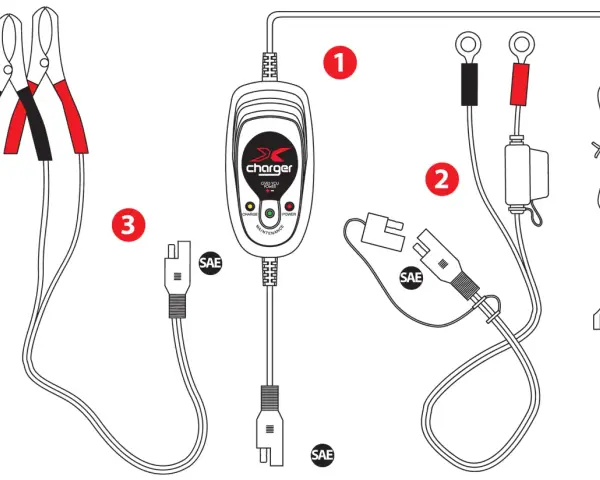 Caricabatteria moto 12v con pinze, cavo SAE e spina. Indicazioni per il tempo di ricarica batteria moto 12v.
