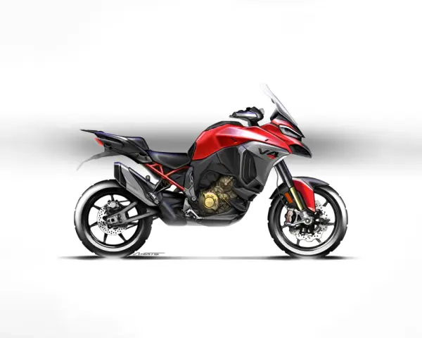 Red Ducati Multistrada V4 motorcycle with a white background.