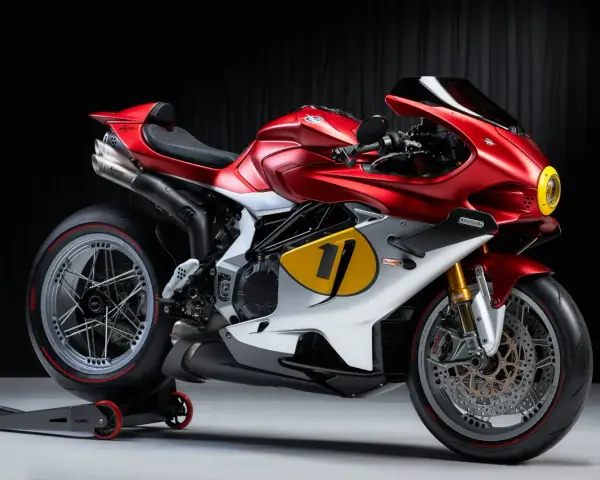 MV Agusta Ago, una moto da corsa rossa e bianca con il numero 11 su uno sfondo scuro.