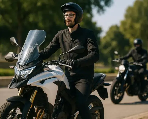 Uomo alto 1.90 in sella a una moto da turismo bianca, con un altro motociclista sullo sfondo.